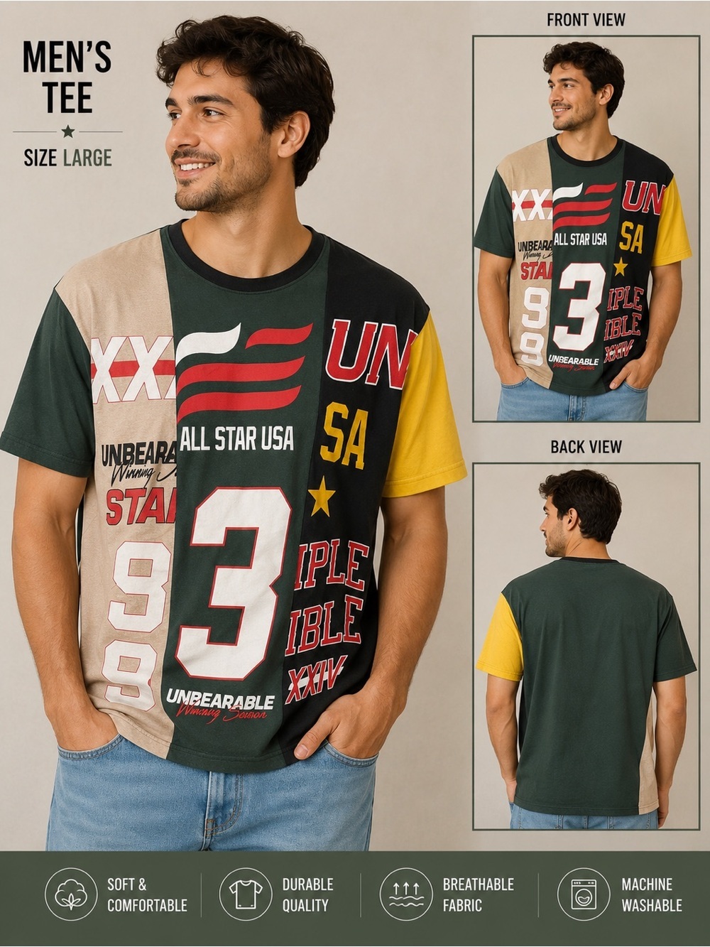 SEVEN SOULS Men's Patchwork Short Sleeve Tee — Forest Green/Beige/Yellow LARGE